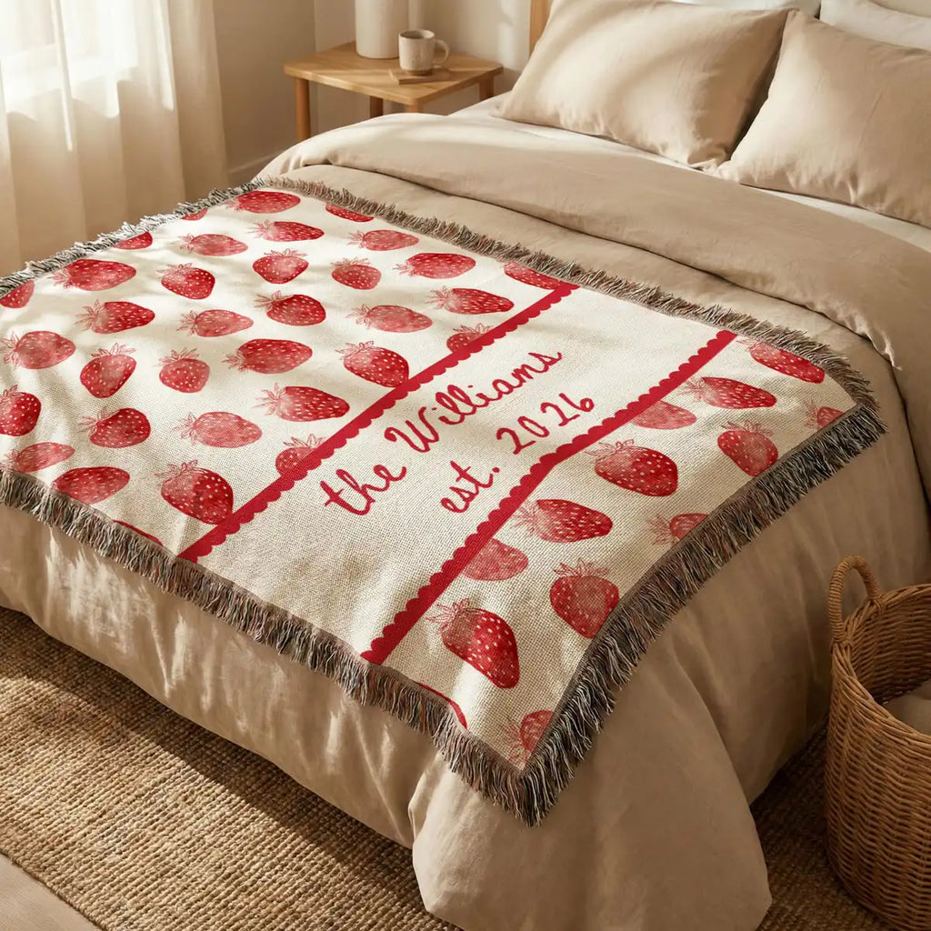 Close-up of the personalized strawberry scallop woven blanket with texture and fringe detail
