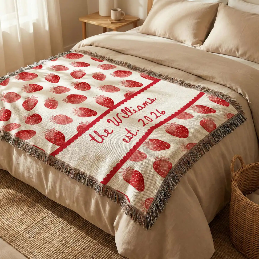 Close-up of the personalized strawberry scallop woven blanket with texture and fringe detail