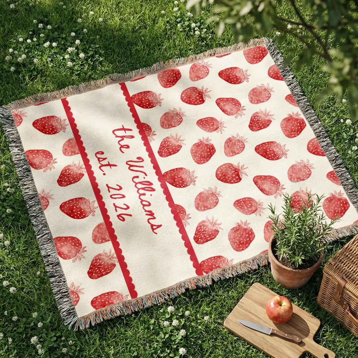 Close-up of the personalized strawberry scallop woven blanket with texture and fringe detail