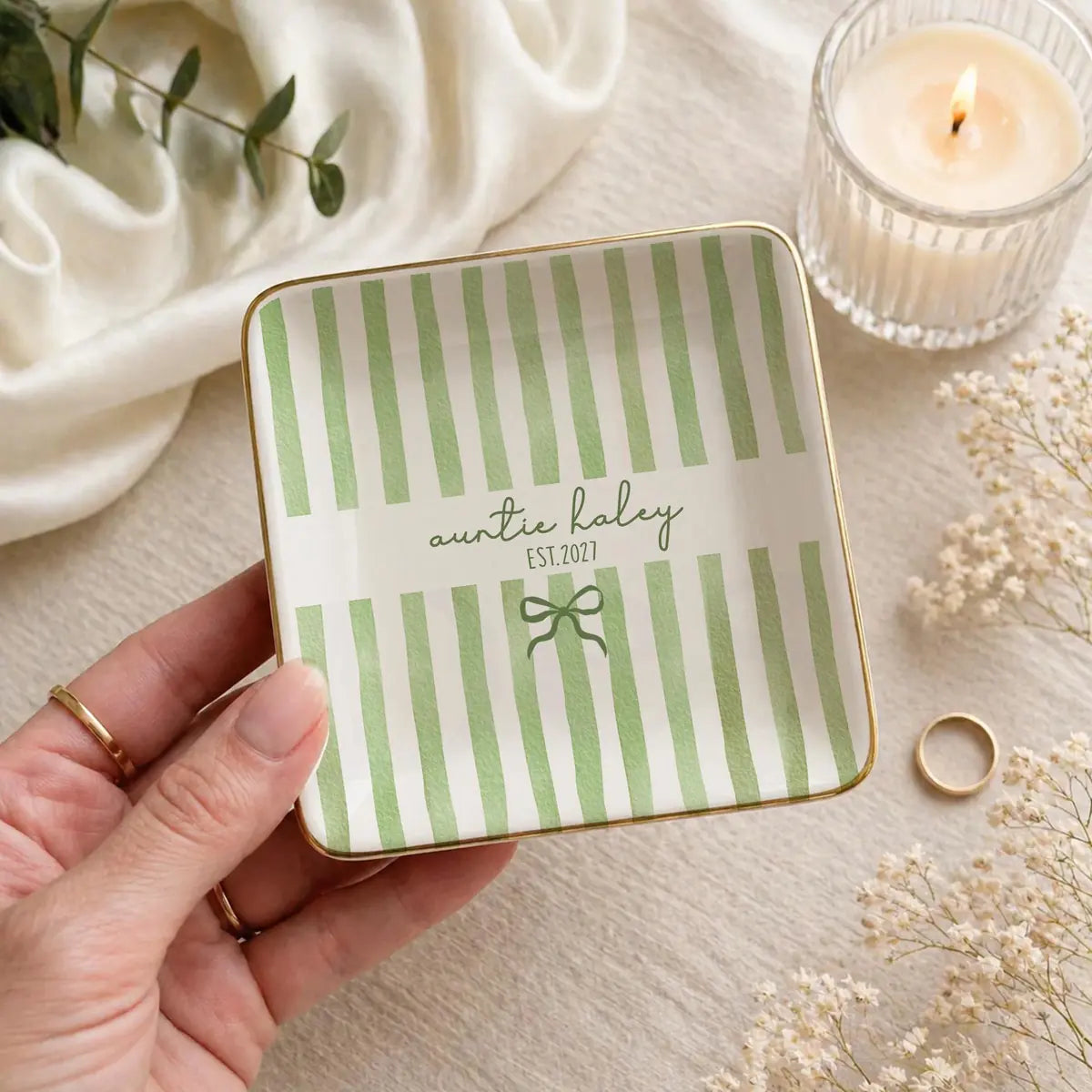 Stripe Custom Names Time Auntie Ring Dish variant
