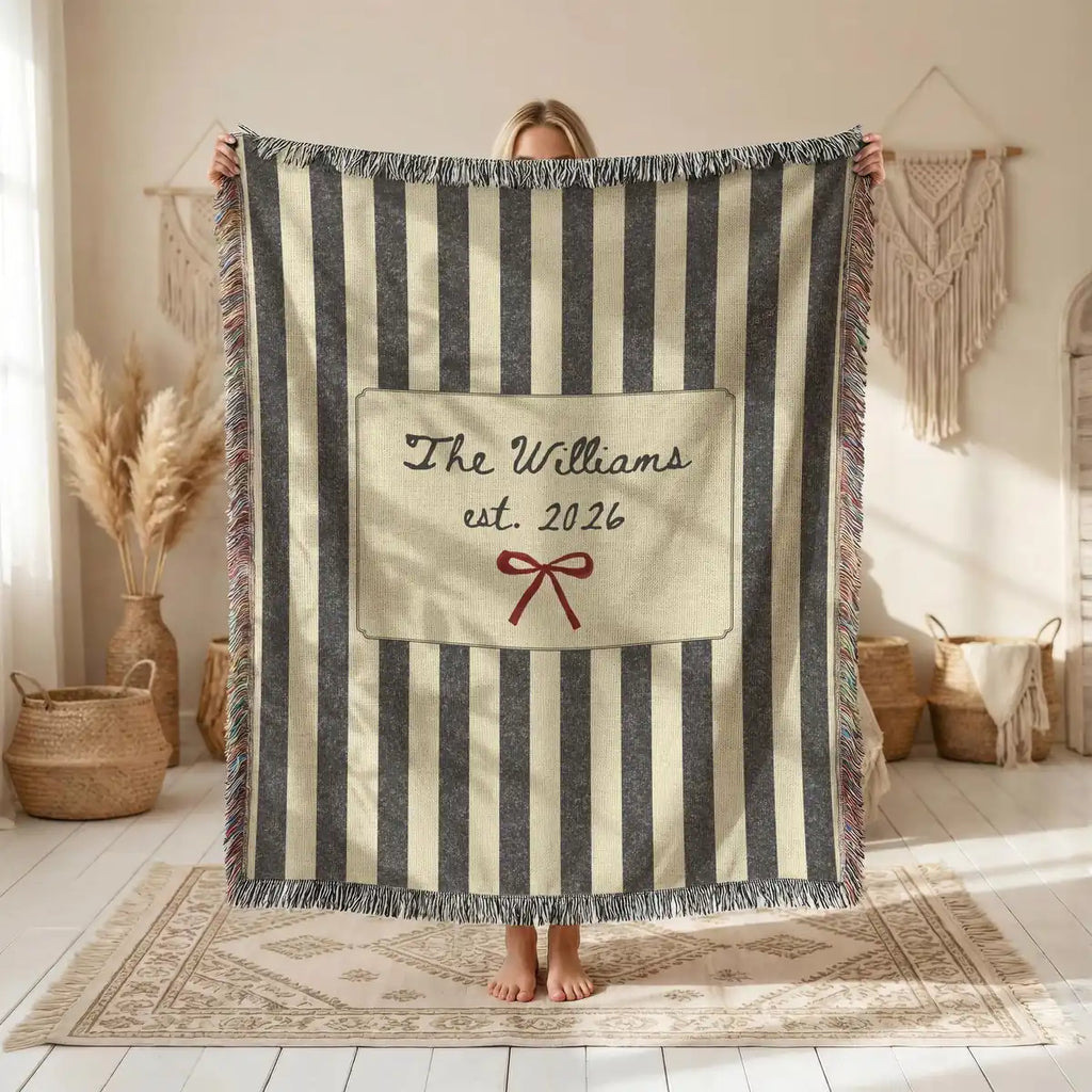 Personalized striped bow woven blanket with fringe trim