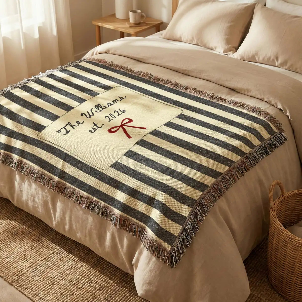 Product information card for the striped bow woven blanket