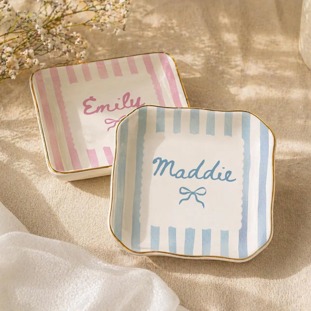 Striped Bow Custom Names Bridesmaid Ring Dish