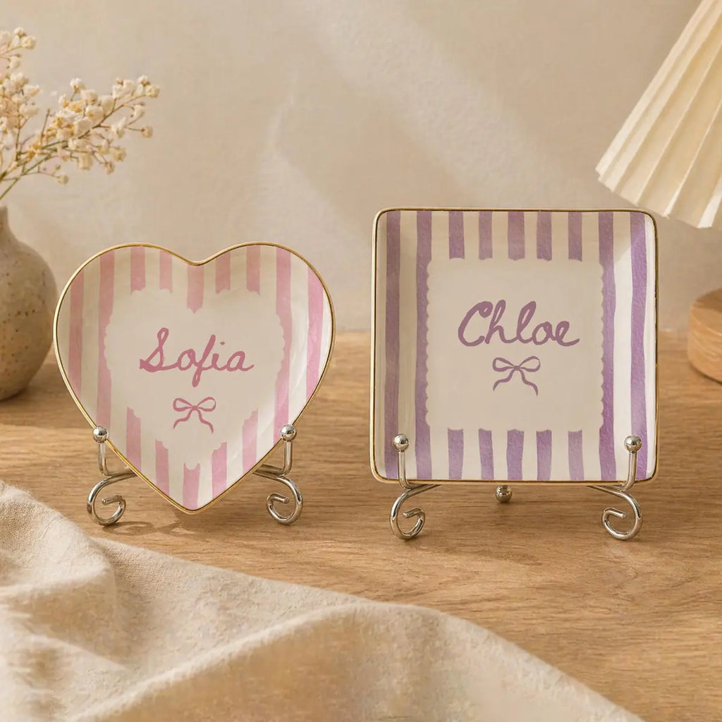 Striped Bow Custom Names Bridesmaid Ring Dish variant