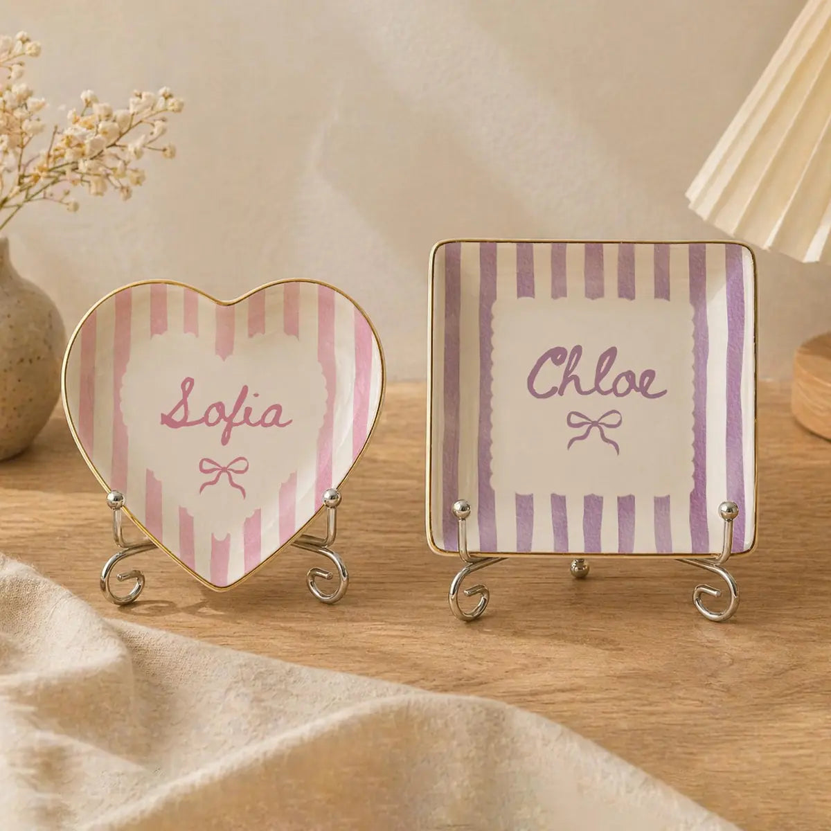 Striped Bow Custom Names Bridesmaid Ring Dish variant