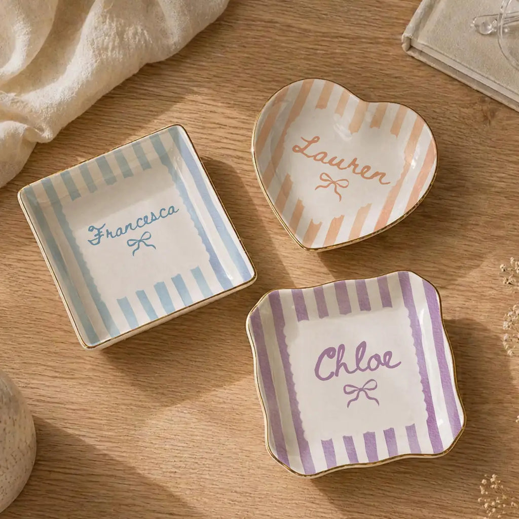 Striped Bow Custom Names Bridesmaid Ring Dish variant