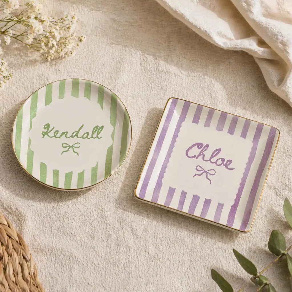 Striped Bow Custom Names Bridesmaid Ring Dish variant