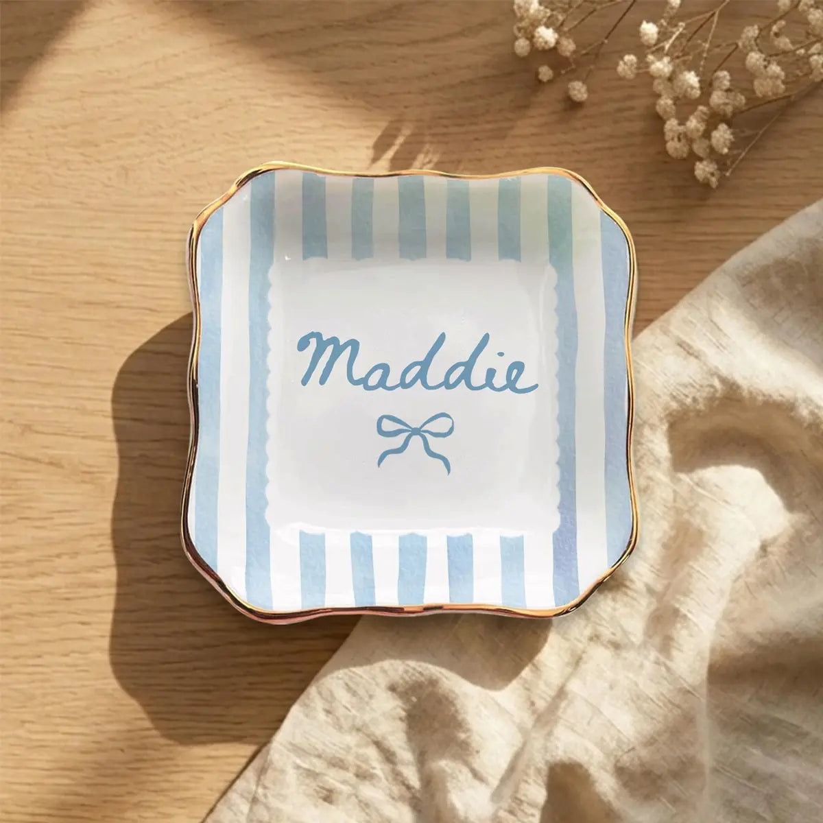 Striped Bow Custom Names Bridesmaid Ring Dish variant