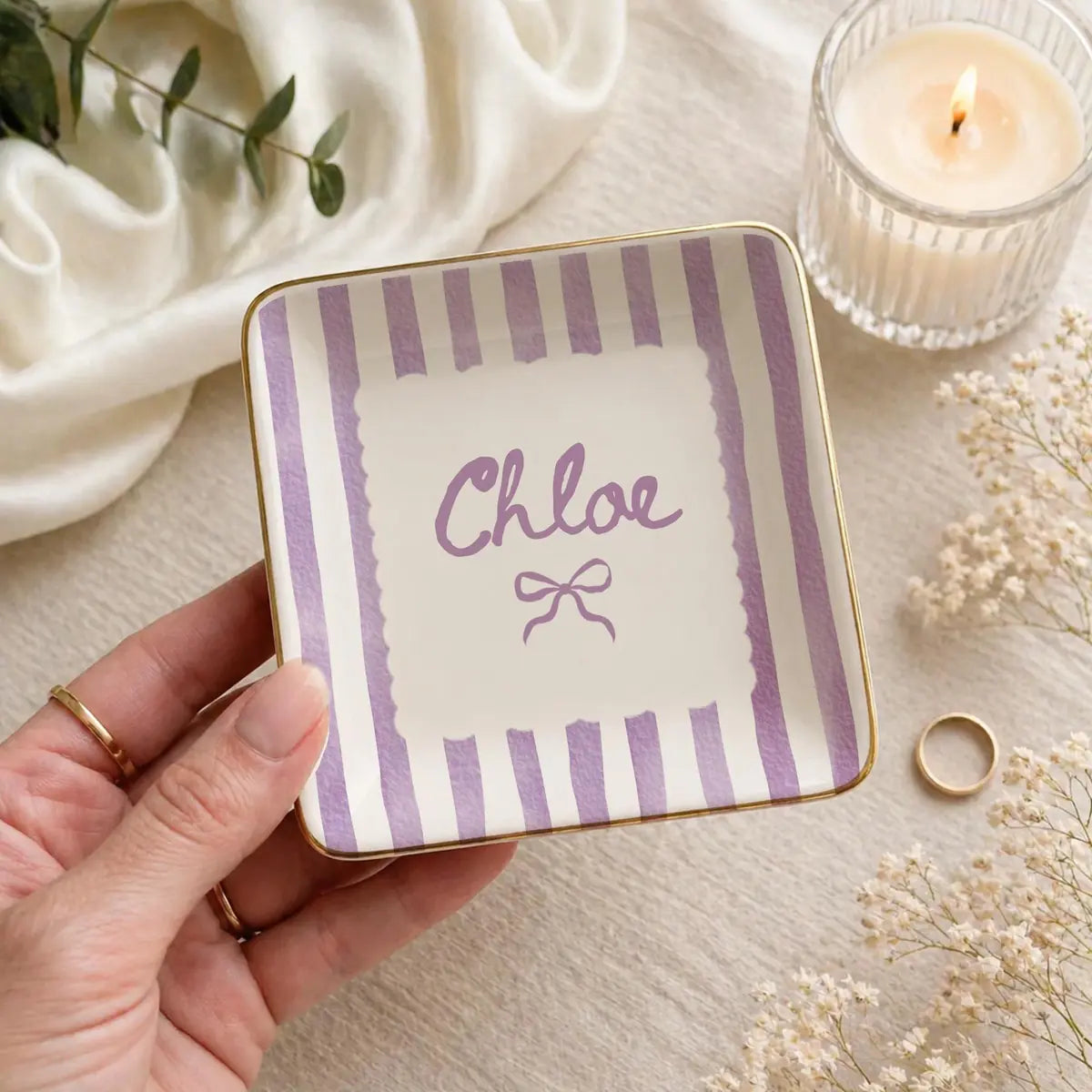 Striped Bow Custom Names Bridesmaid Ring Dish variant