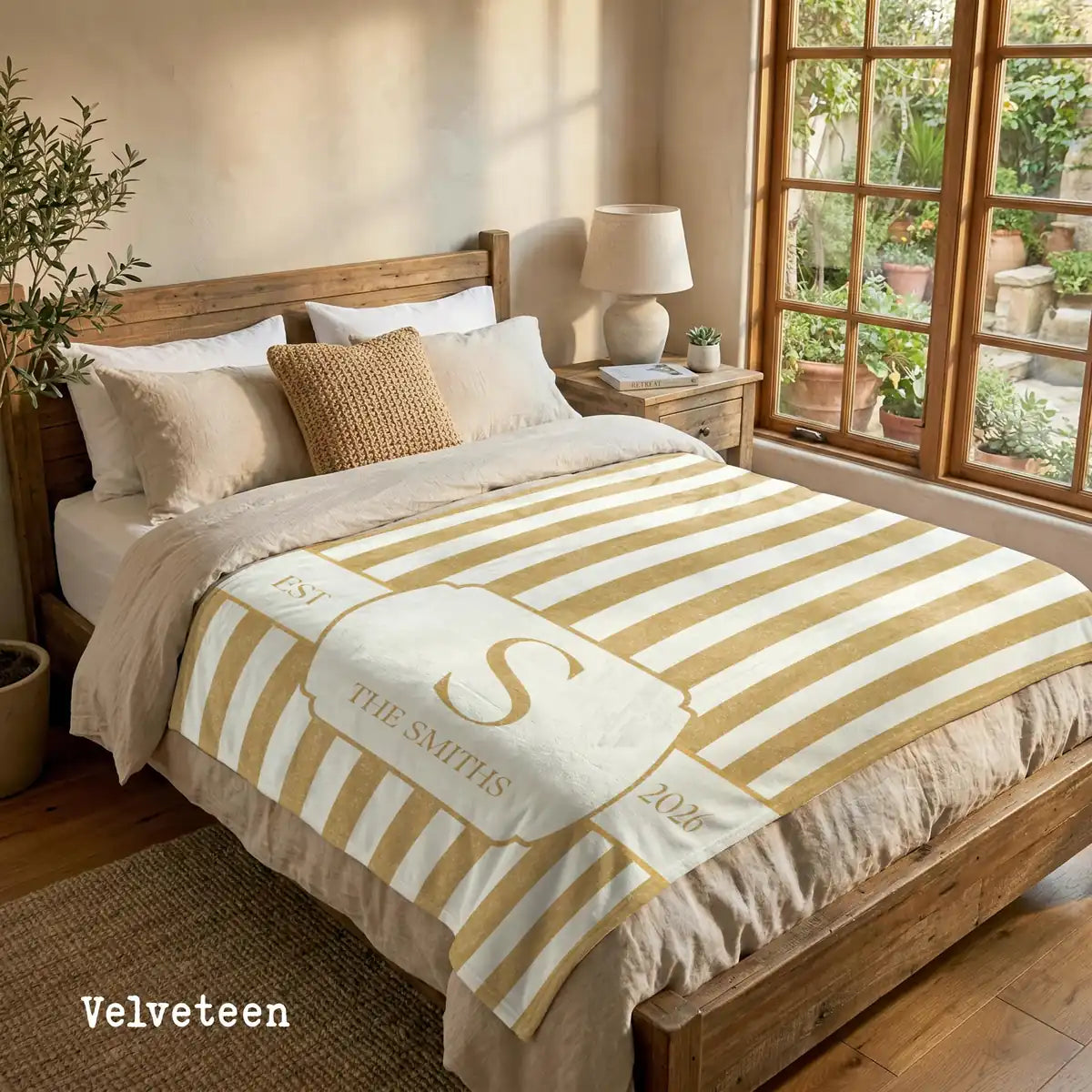 Close-up of the personalized striped crest woven blanket with texture and fringe detail