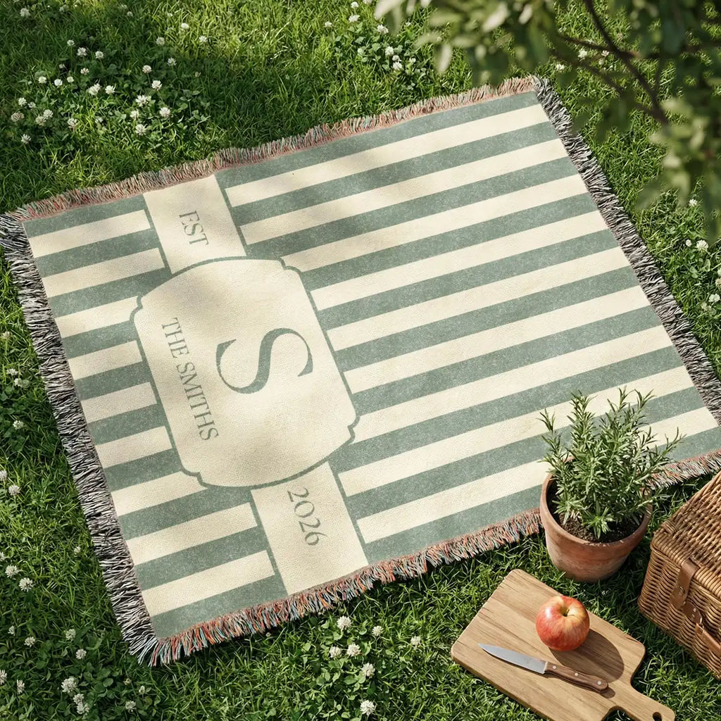 Close-up of the personalized striped crest woven blanket with texture and fringe detail