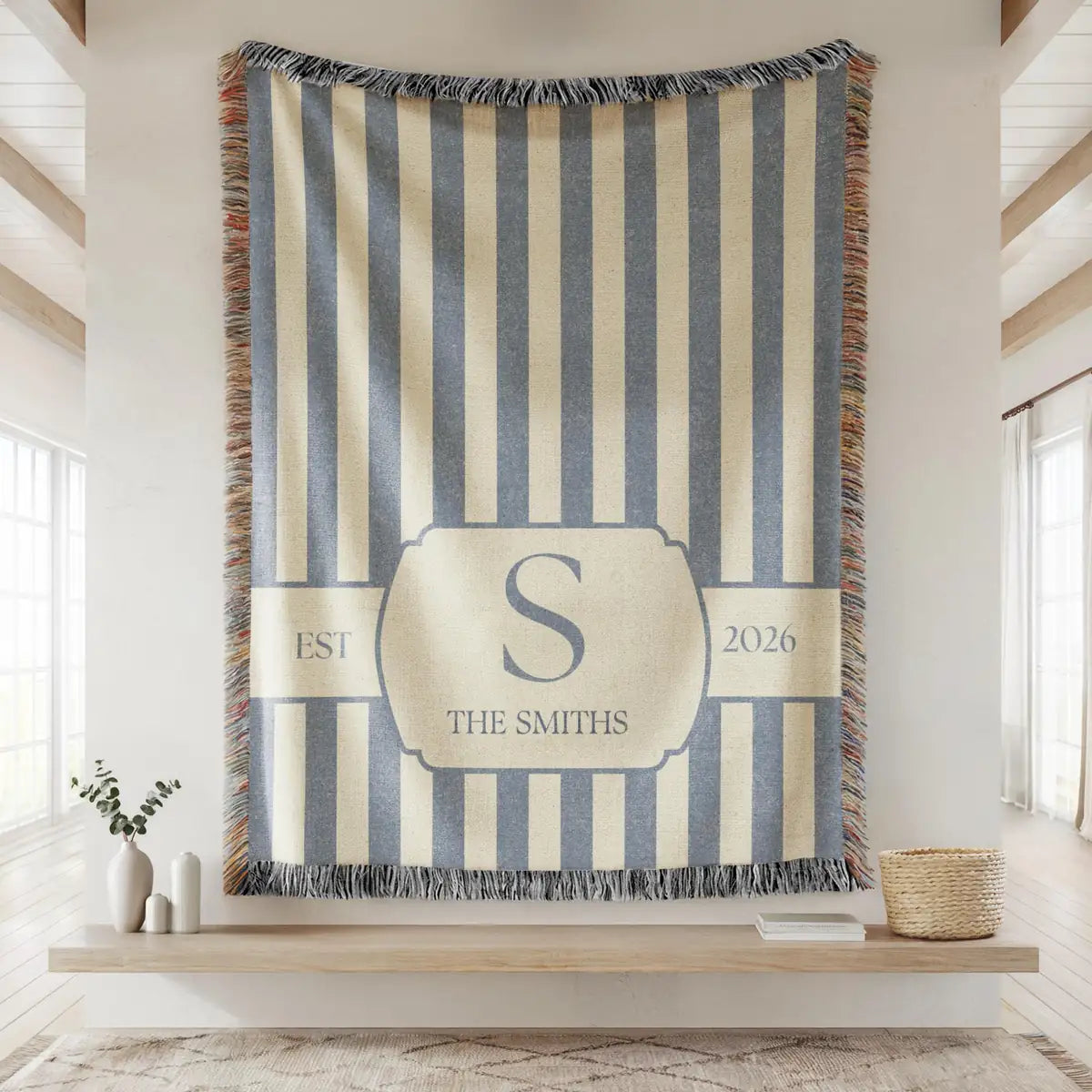 Personalized striped crest woven blanket with fringe trim