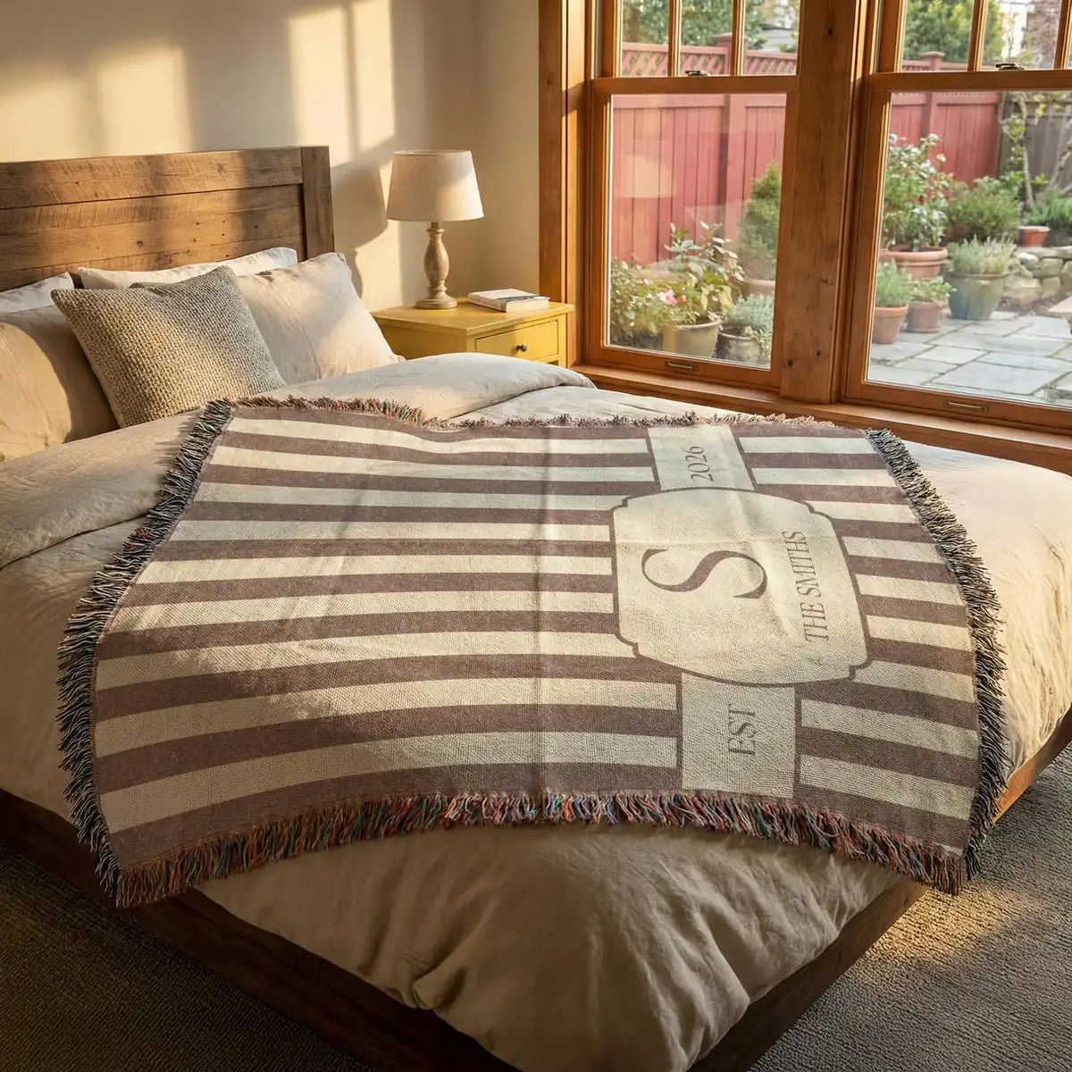 Personalized striped crest woven blanket shown in a styled room setting