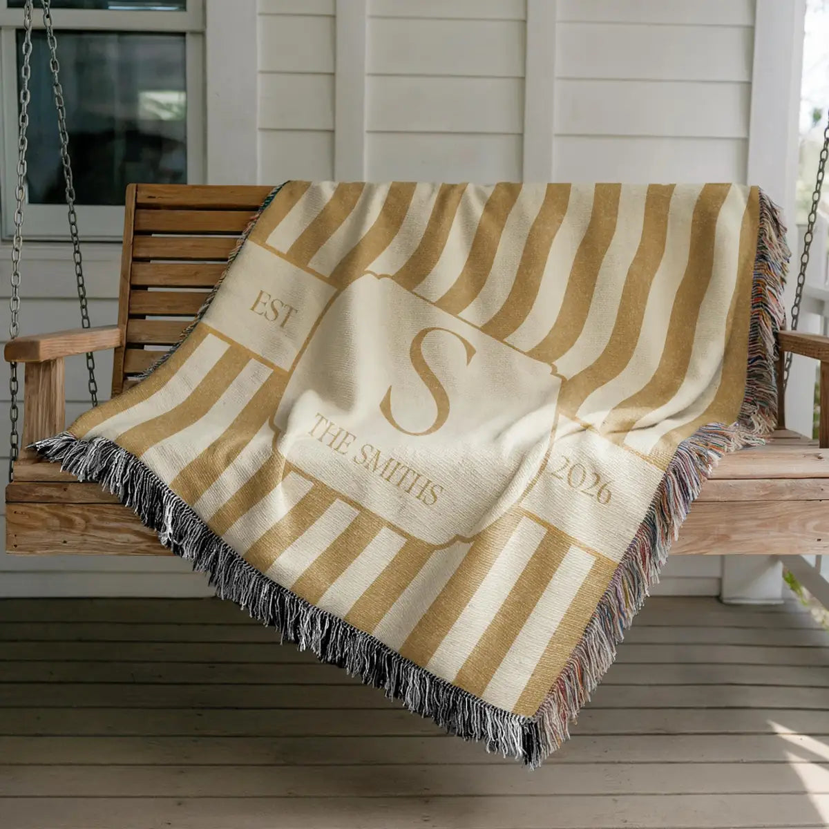 Personalized striped crest woven blanket shown in a styled room setting