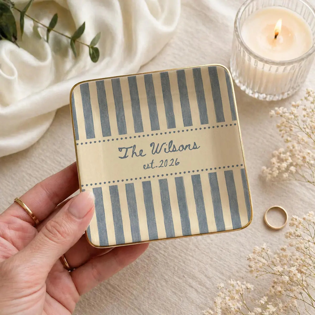 Close-up of Striped Custom Name Dates Engagement Ring Dish
