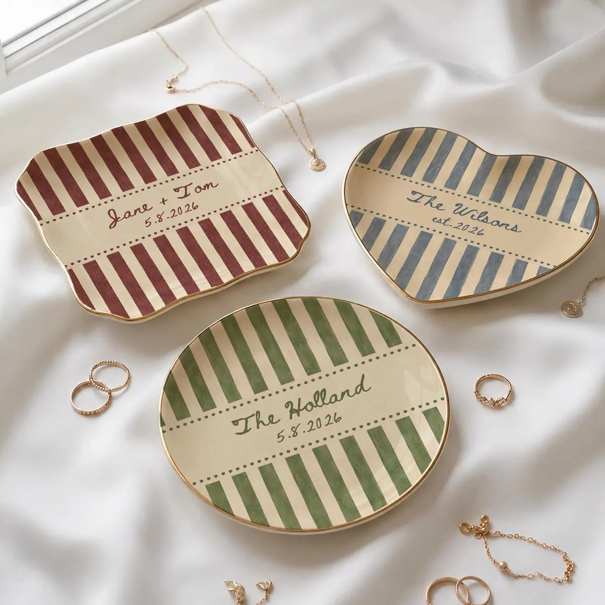 Striped Custom Name Dates Engagement Ring Dish