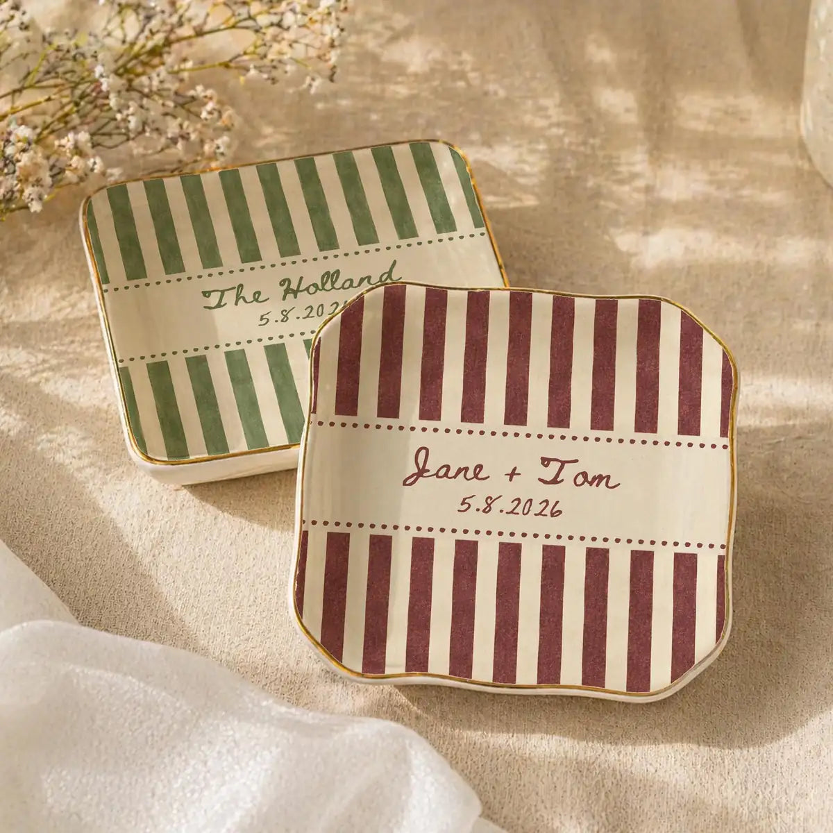 Striped Custom Name Dates Engagement Ring Dish variant