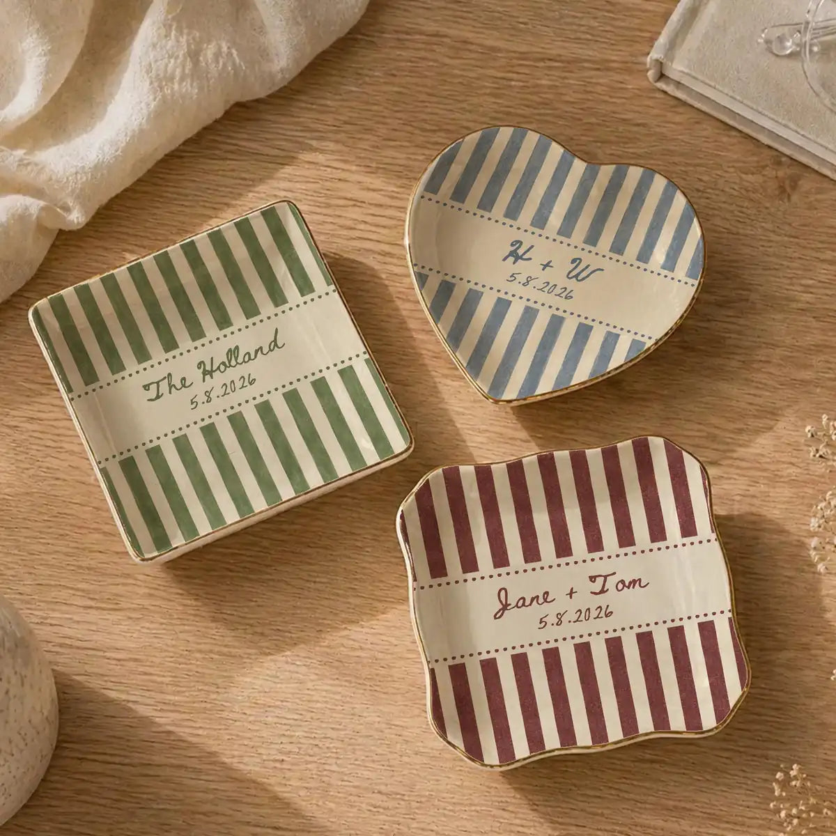 Striped Custom Name Dates Engagement Ring Dish variant