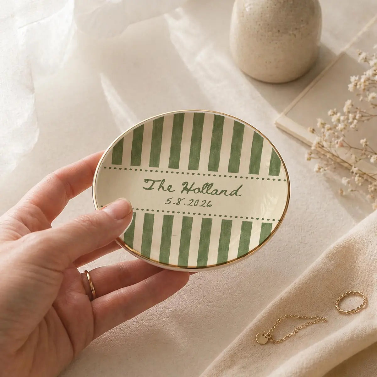 Striped Custom Name Dates Engagement Ring Dish variant