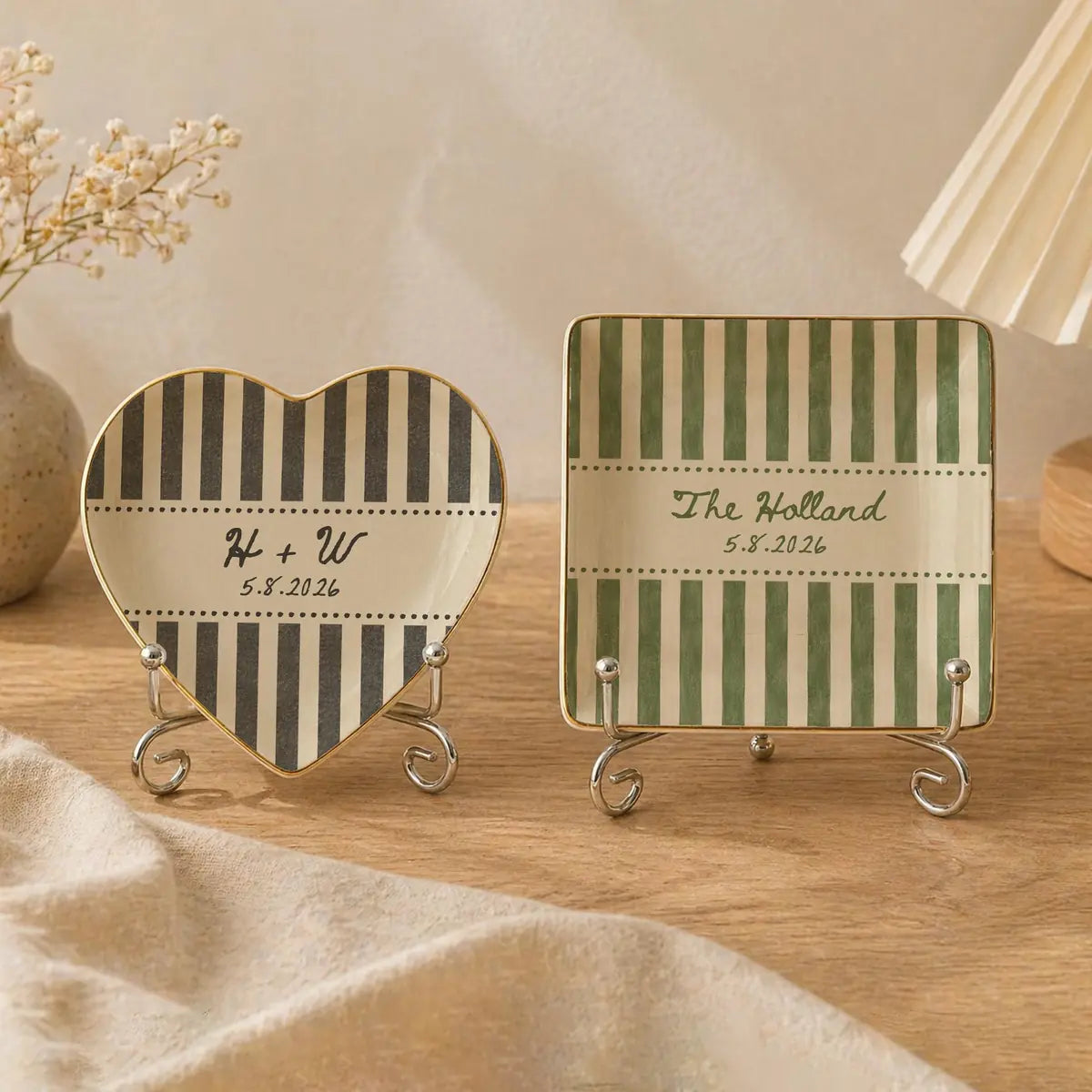 Striped Custom Name Dates Engagement Ring Dish variant