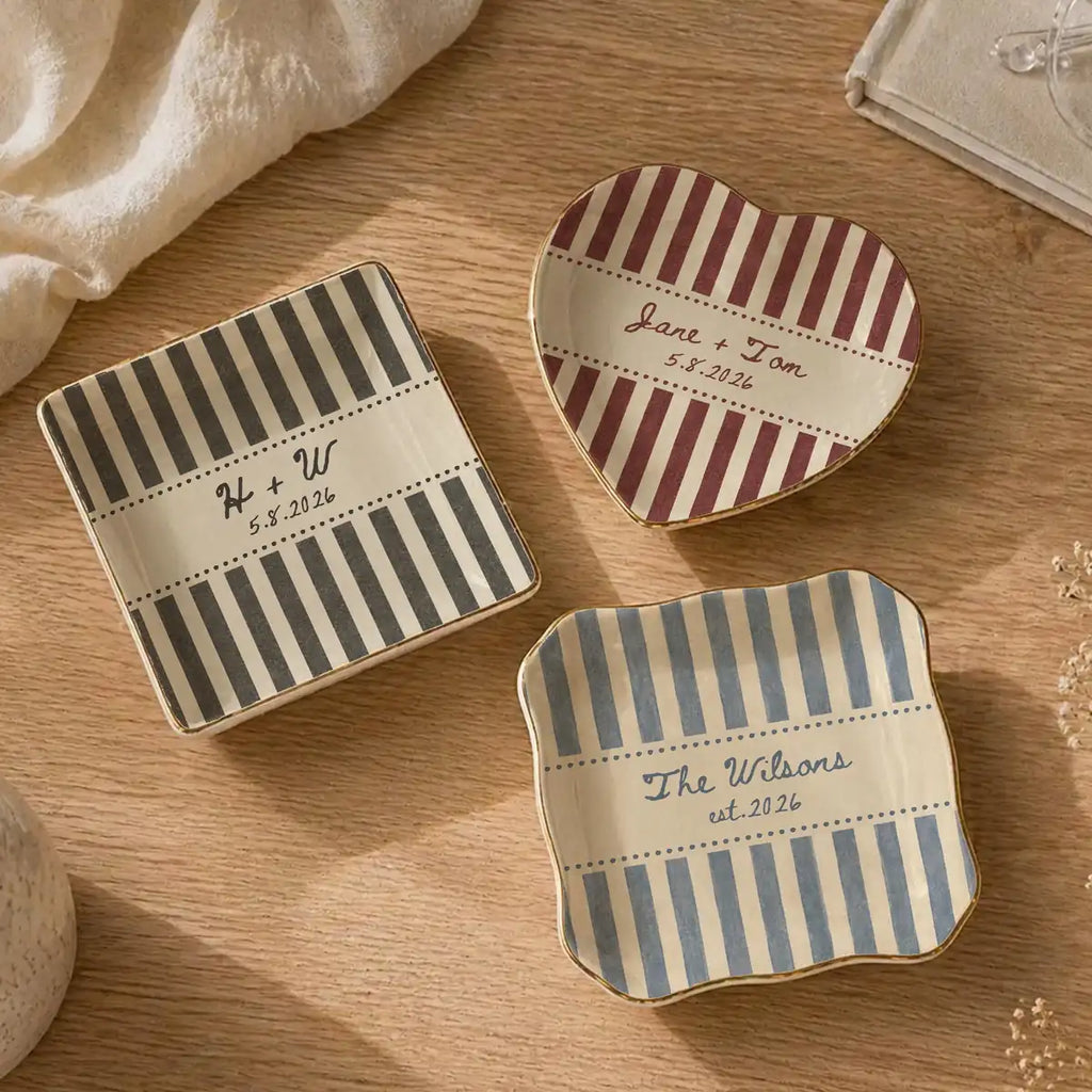 Striped Custom Name Dates Engagement Ring Dish variant