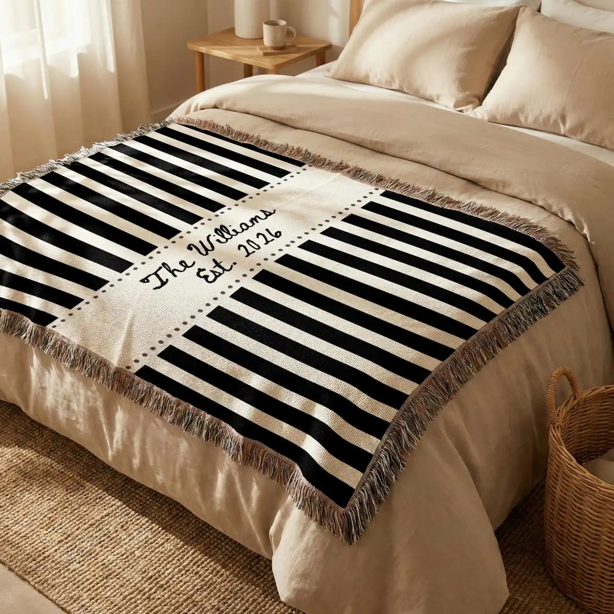 Product information card for the striped frame woven blanket