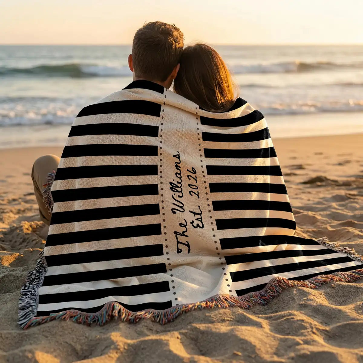 Personalized striped frame woven blanket shown in a styled room setting