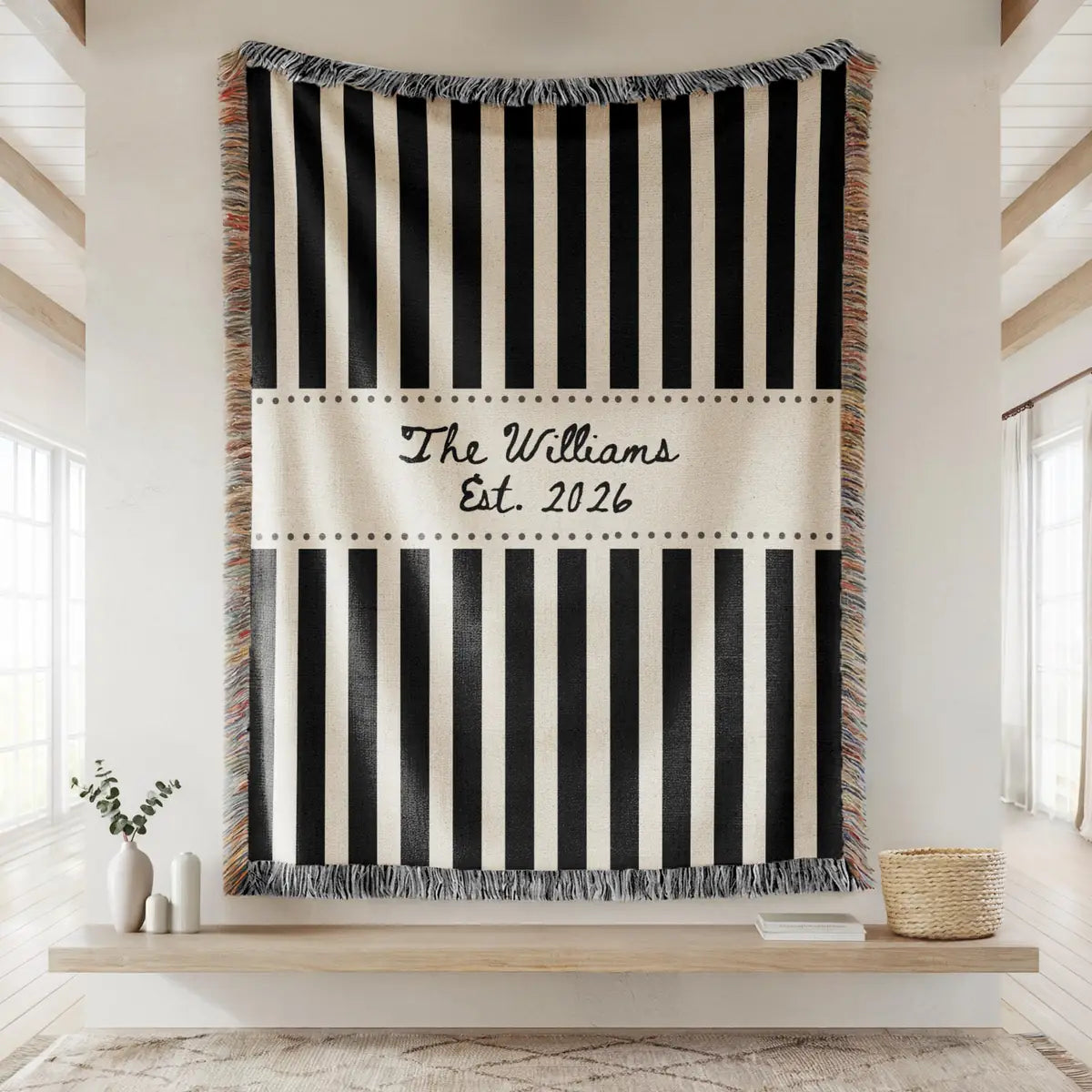 Size chart and care instructions for the woven blanket