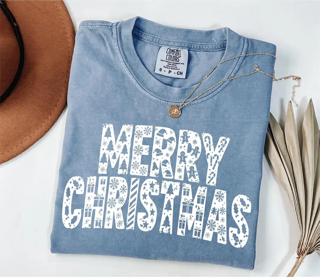 Comfort Colors T-shirt with MERRY CHRISTMAS patchwork-style letters, alternate product photo 8.