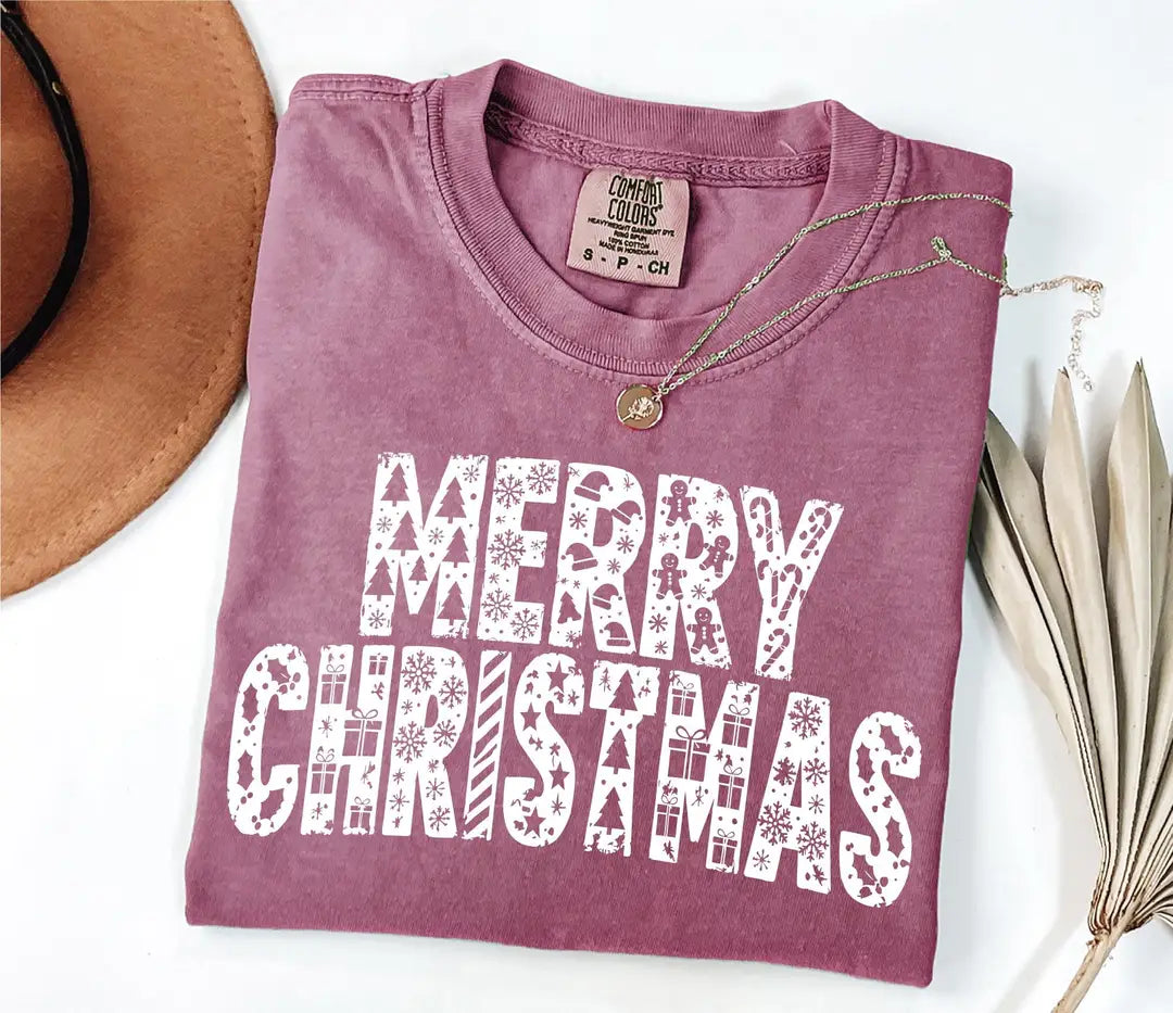 Comfort Colors T-shirt with MERRY CHRISTMAS patchwork-style letters, alternate product photo 9.