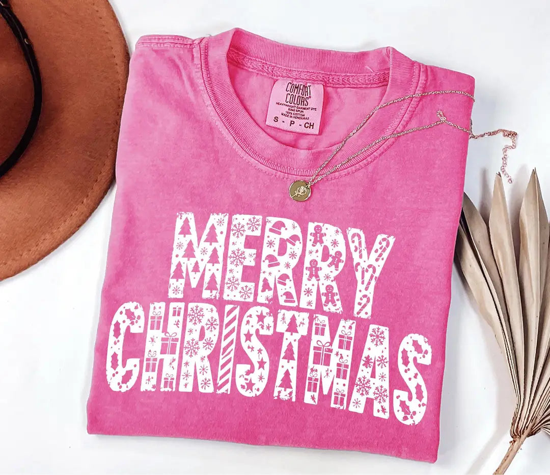 Comfort Colors T-shirt with MERRY CHRISTMAS patchwork-style letters, alternate product photo 10.