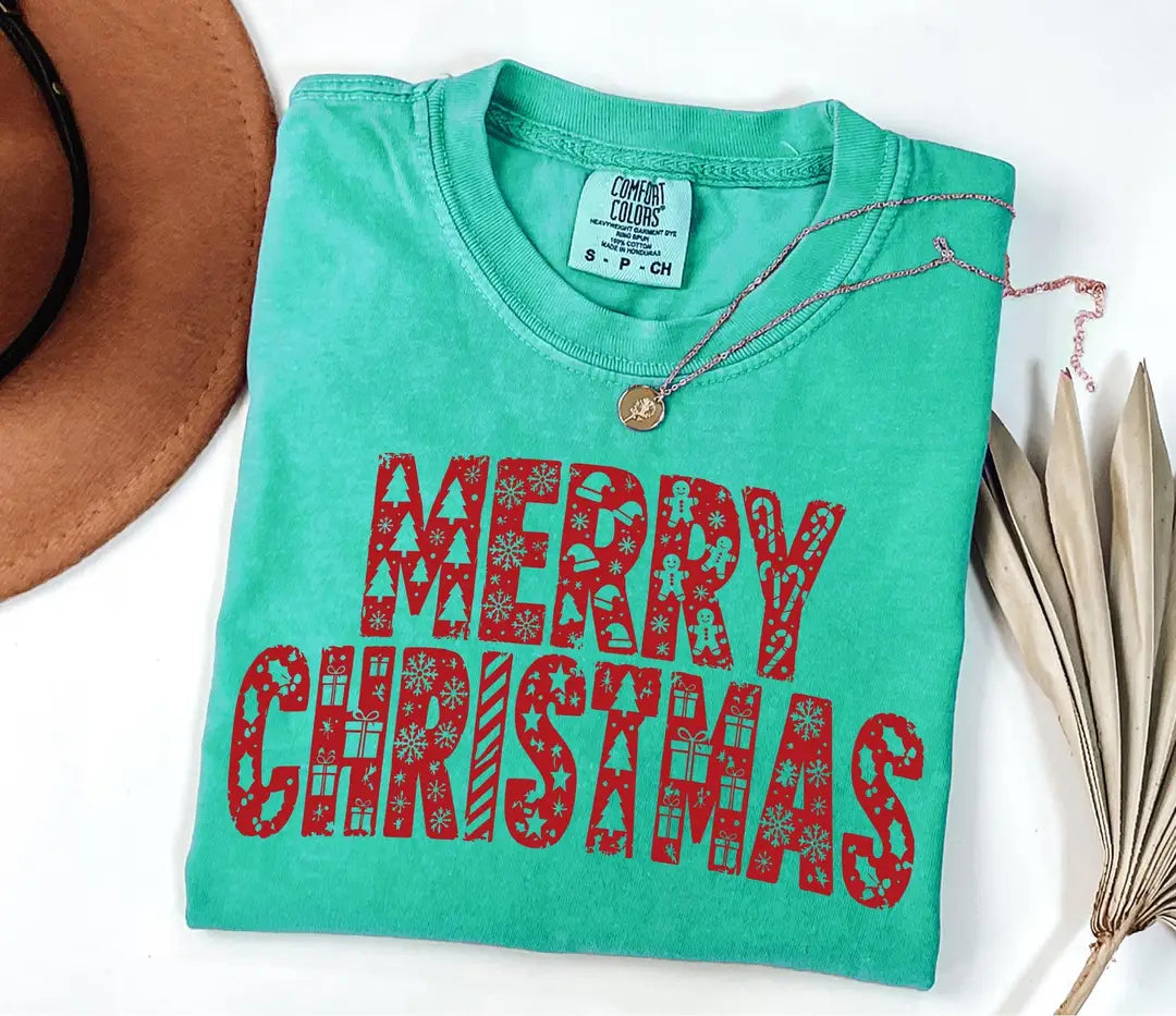 Comfort Colors T-shirt with MERRY CHRISTMAS patchwork-style letters, alternate product photo 11.