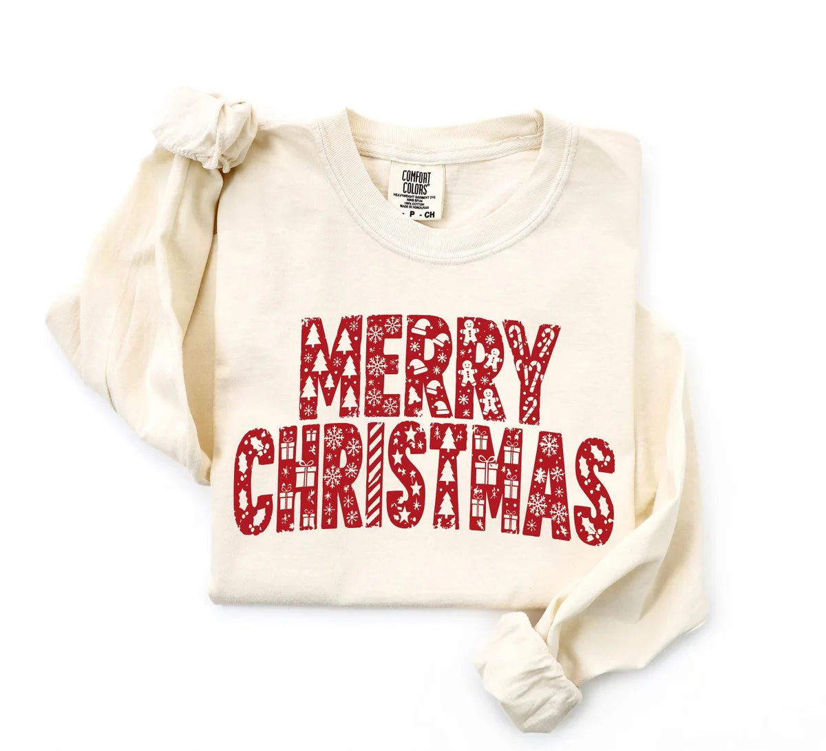 Comfort Colors T-shirt with MERRY CHRISTMAS patchwork-style letters, alternate product photo 1.