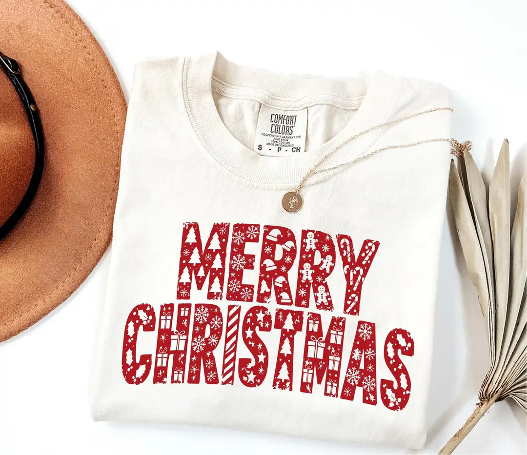 Comfort Colors T-shirt with MERRY CHRISTMAS patchwork-style letters, alternate product photo 3.