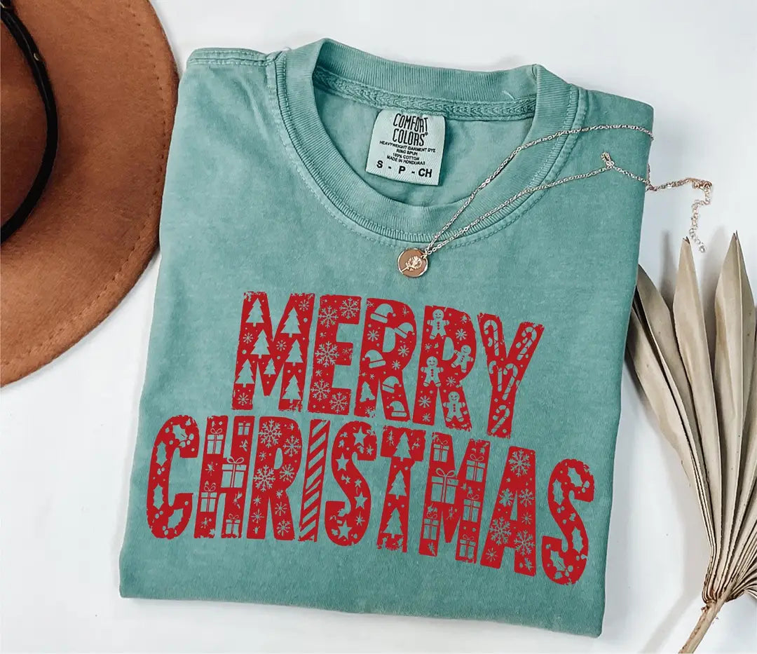 Comfort Colors T-shirt with MERRY CHRISTMAS patchwork-style letters, alternate product photo 4.