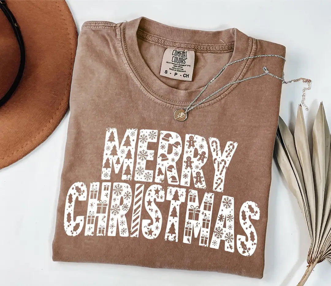 Comfort Colors T-shirt with MERRY CHRISTMAS patchwork-style letters, alternate product photo 6.