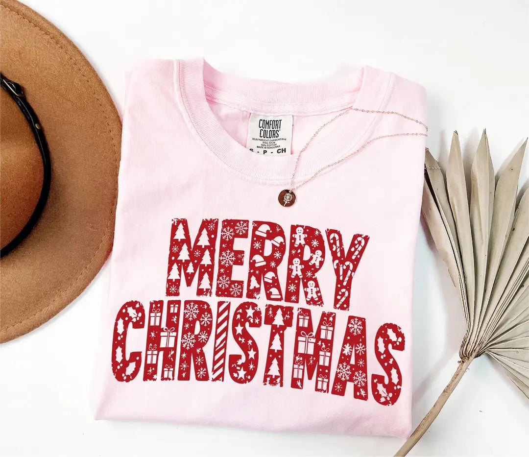 Comfort Colors T-shirt with MERRY CHRISTMAS patchwork-style letters, alternate product photo 7.