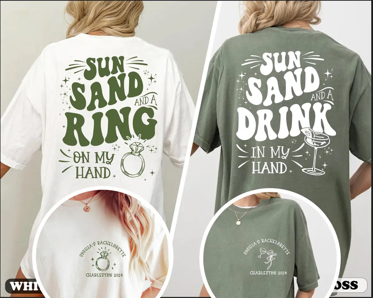 Sun Sand Ring On My Hand - Custom Name - Beach Bachelorette Party Comfort Colors T-Shirt - Comfort Colors T-Shirt Mockup Image