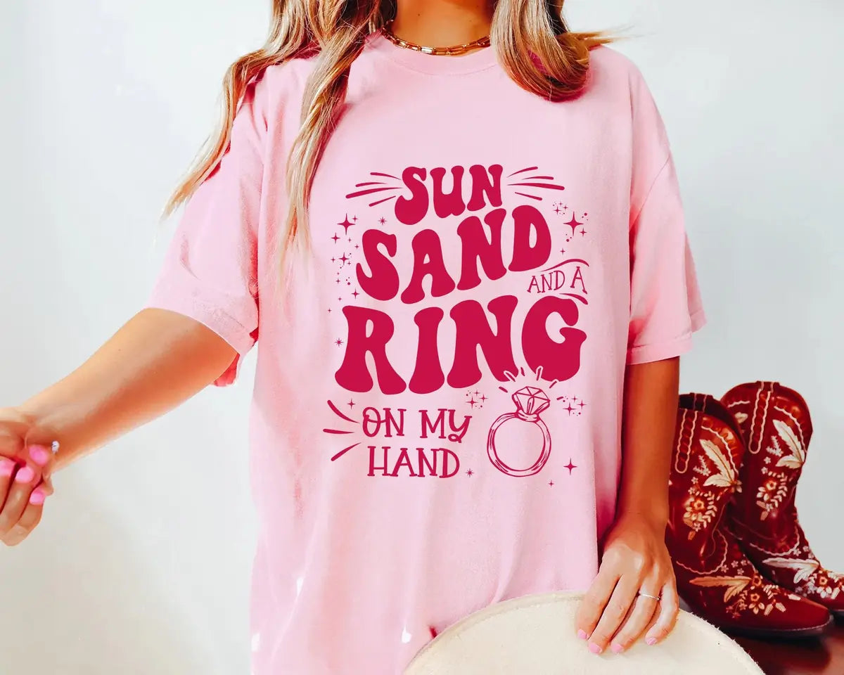 Sun Sand Ring On My Hand - Custom Name - Beach Bachelorette Party Comfort Colors T-Shirt - Comfort Colors T-Shirt Mockup Image