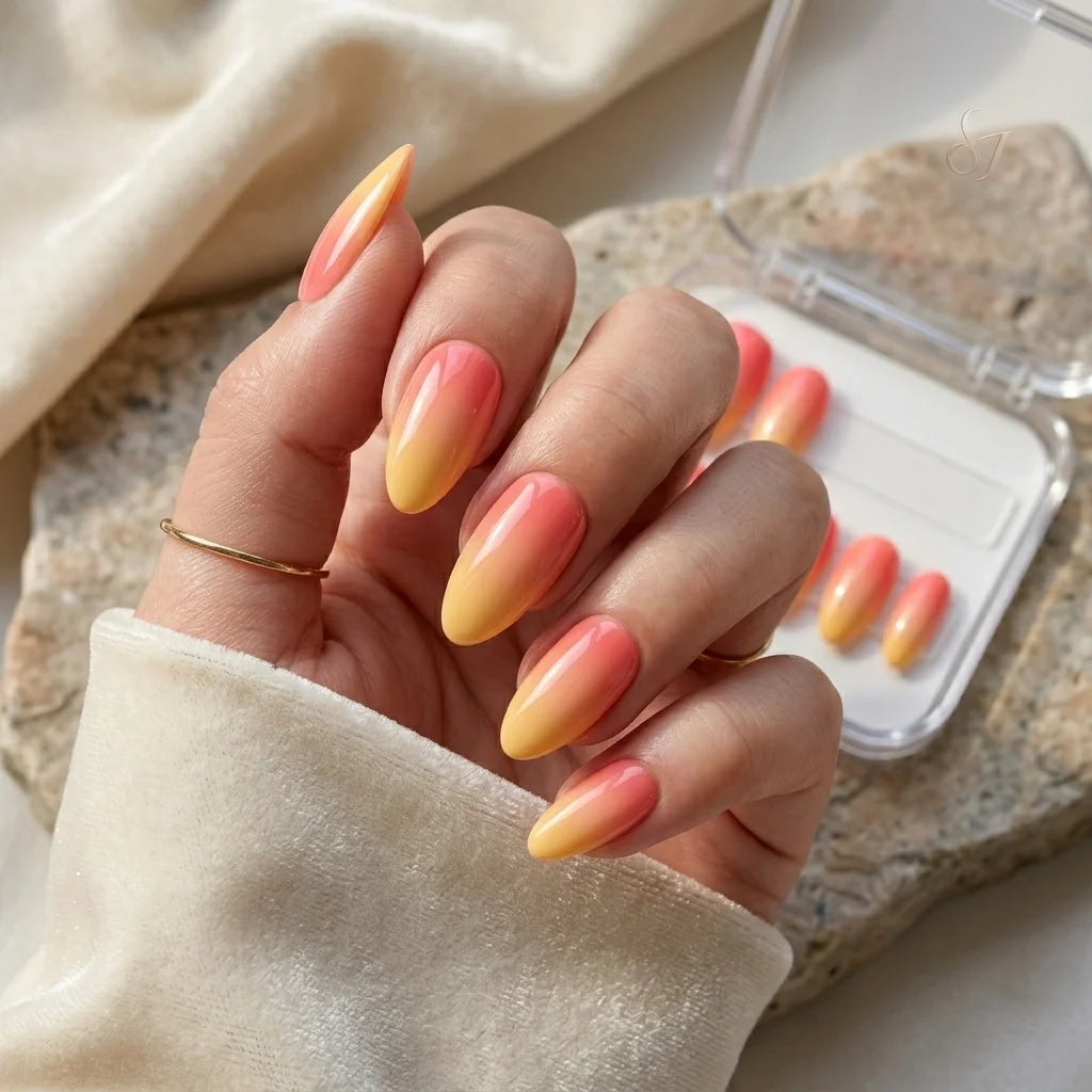 sunset ombre almond press on nails gradient flat lay 01