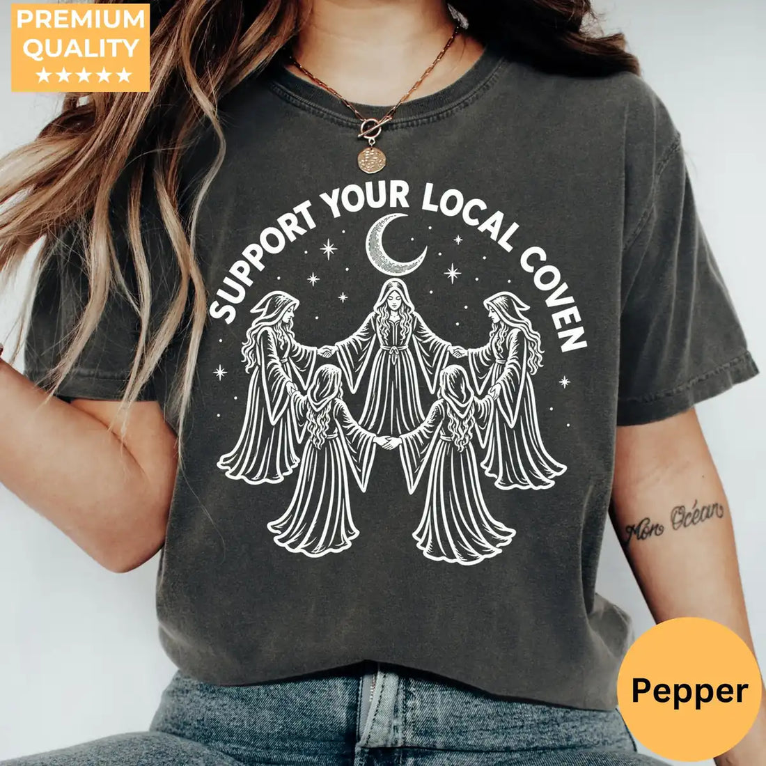 Comfort Colors T-shirt in Yam featuring witches circle graphic