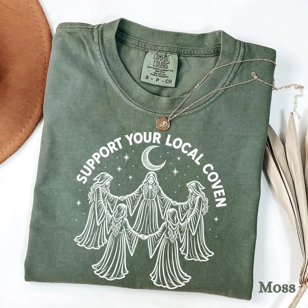 Comfort Colors T-shirt in Moss featuring witches circle graphic
