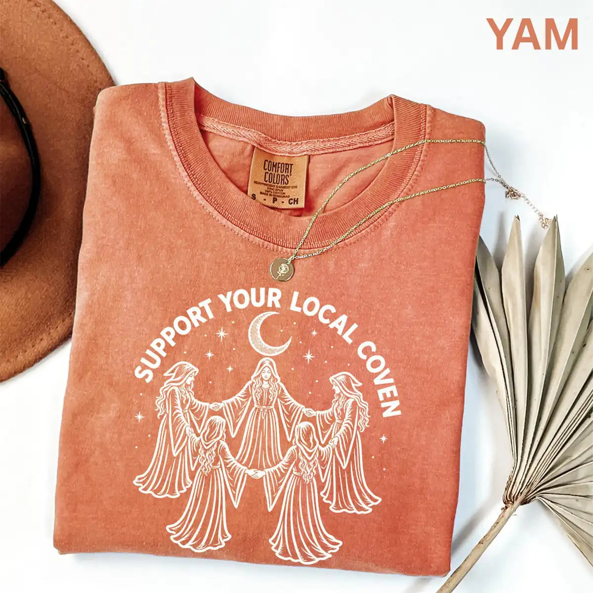 Comfort Colors T-shirt in Yam featuring witches circle graphic