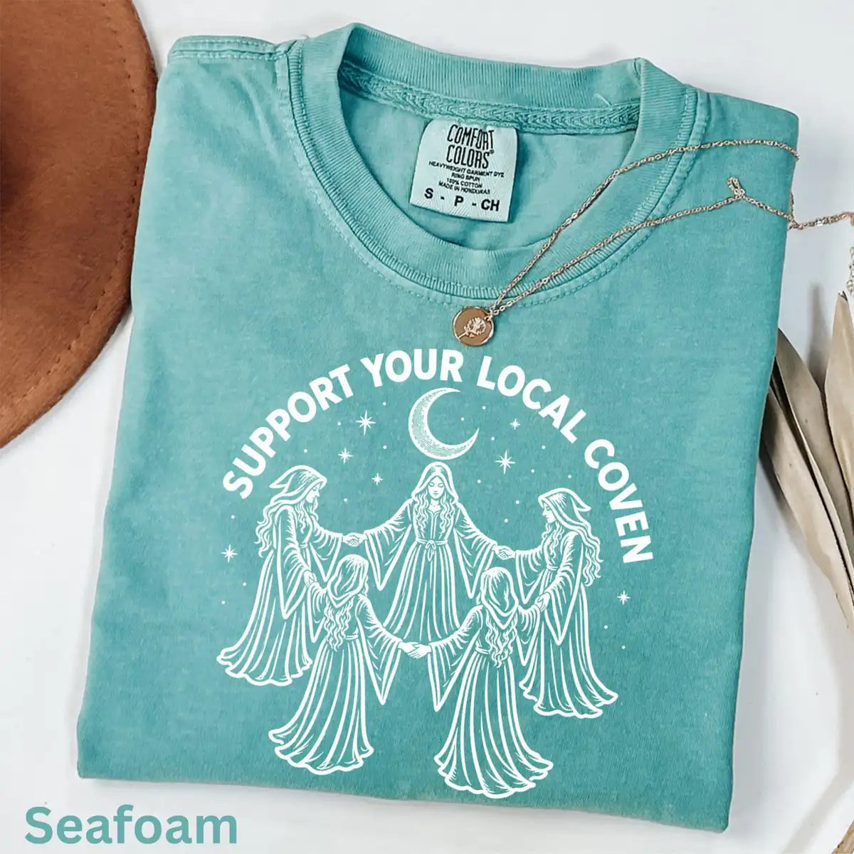Comfort Colors T-shirt in Crunchberry featuring witches circle graphic