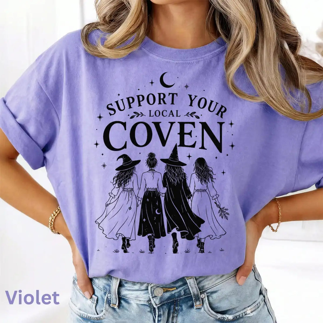 Comfort Colors T-shirt in Crunchberry featuring walking witches graphic