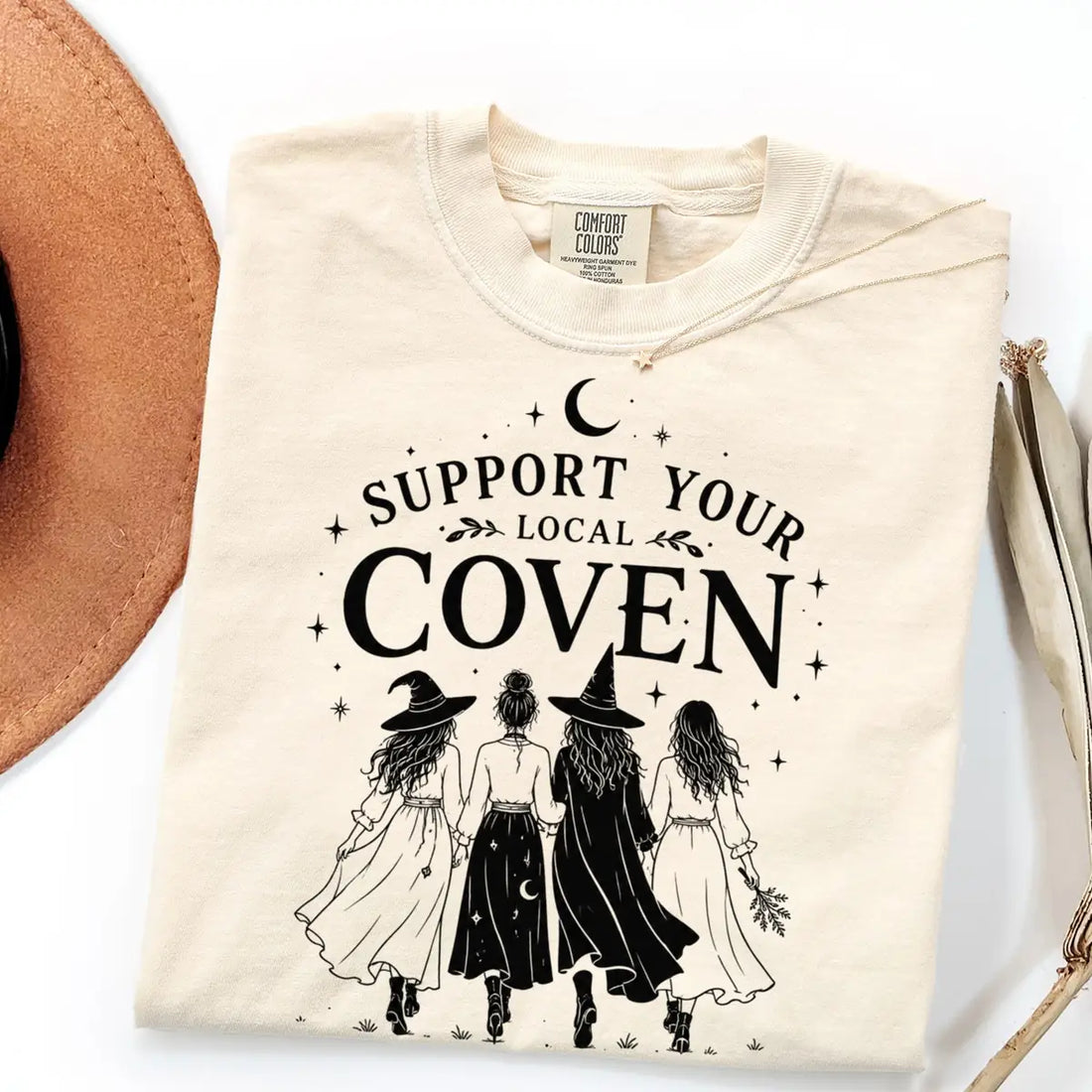 Comfort Colors T-shirt in Crunchberry featuring walking witches graphic