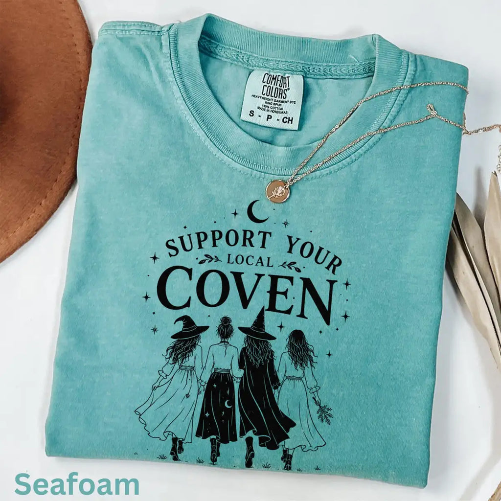 Comfort Colors T-shirt in Pepper featuring walking witches graphic