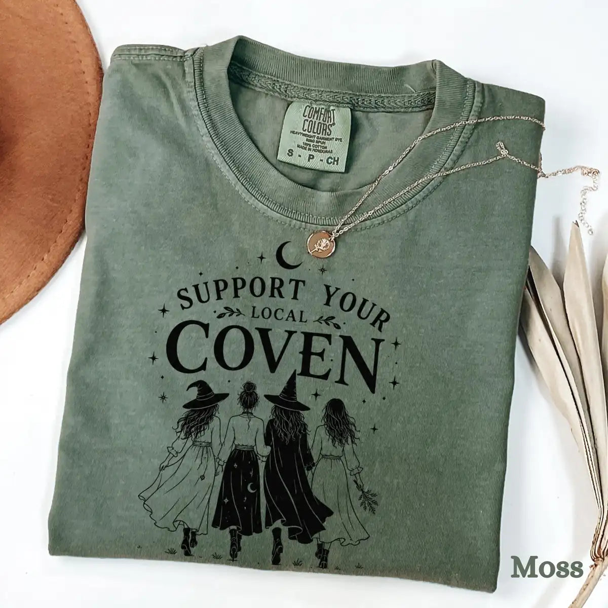 Comfort Colors T-shirt in Violet featuring walking witches graphic
