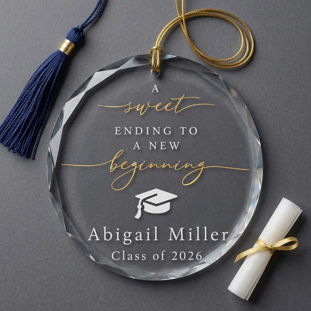 Clear glass round ornament laid flat on festive wooden surface with pine branches, pinecones and holiday decorations surrounding the graduation design