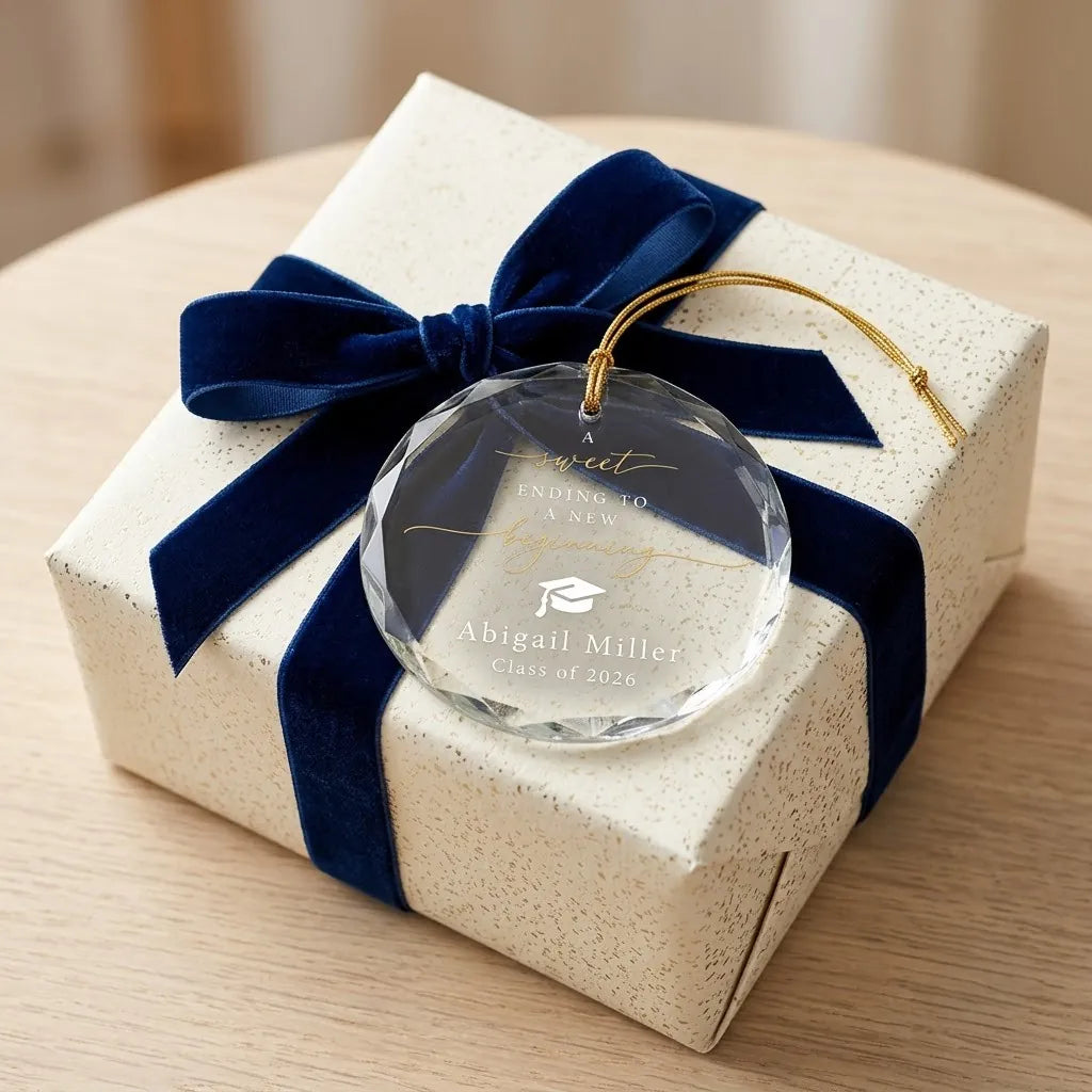 Personalized graduation glass ornament presented beside a wrapped holiday gift box on rustic wooden background